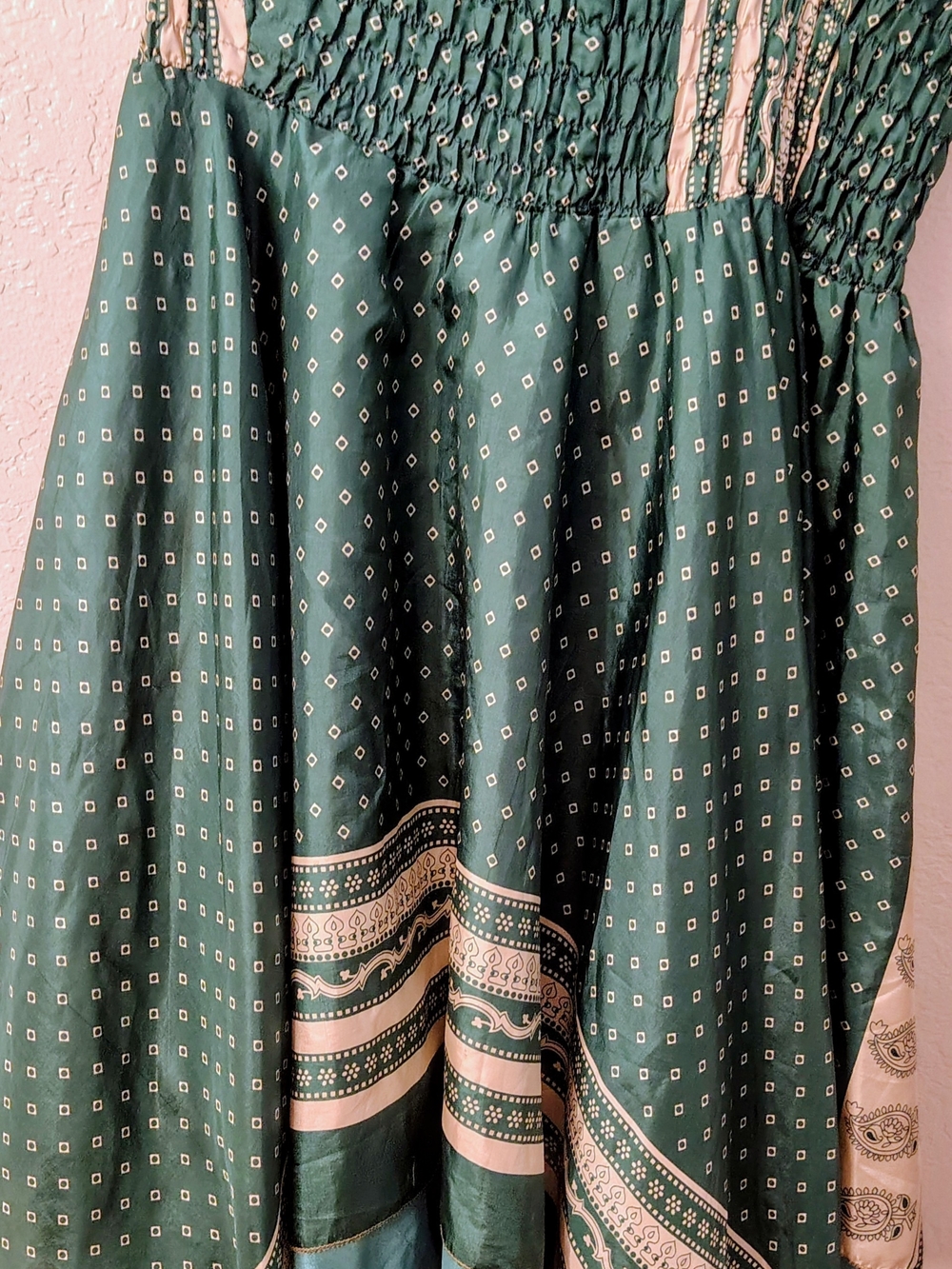 Handmade Green Printed Smocked Midi Dress